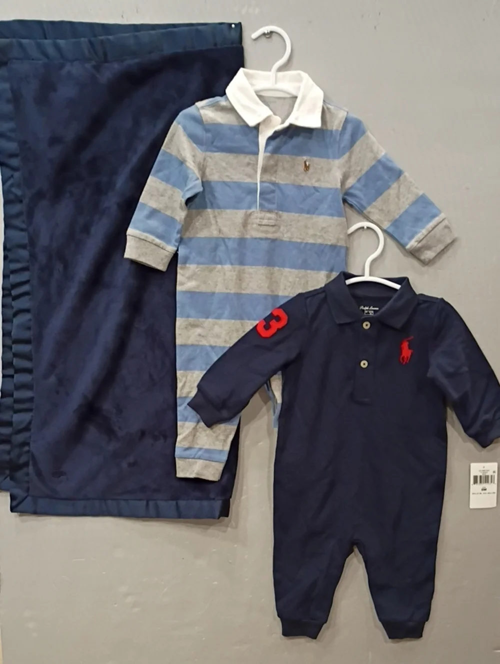 3pc Set Ralph Lauren Blanket Navy Polo Long-slvGray Blue L Slv Romper 6 Months